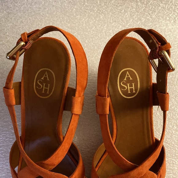 ASH Orange Suede Slingback Lattice Wedge Heel Sandals & Gold Buckle - Sz 37 - Picture 7 of 13